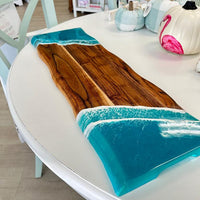 Beach Inspired Teal Resin 27" Live Edge Wood Charcuterie Board Carved Handles Sunshine & Sweet Peas Coastal Decor