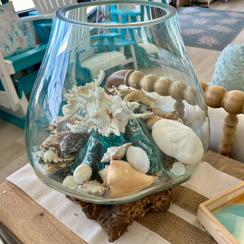 Extra Large Mouthblown Glass Bowl on Driftwood Filled w/ Shells