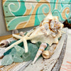 Small Hand Carved Rectangular Wooden Raised Tray Centerpiece w/ Shells, Starfish, & Seaglass