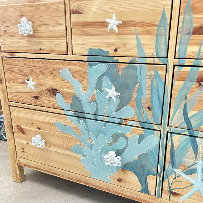 Coastal Dresser and Nightstand Set w/ Hand Painted Original Art Sunshine & Sweet Peas Coastal Decor