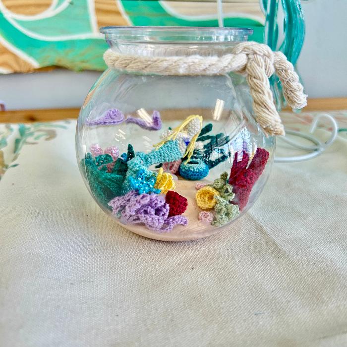 Hand Micro Crocheted Fishbowl w/ Mermaid Sunshine & Sweet Peas Coastal Decor