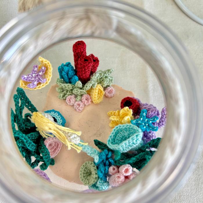 Hand Micro Crocheted Fishbowl w/ Mermaid Sunshine & Sweet Peas Coastal Decor