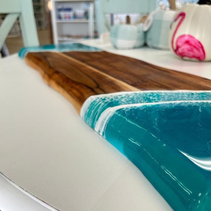 Beach Inspired Teal Resin 27" Live Edge Wood Charcuterie Board Carved Handles Sunshine & Sweet Peas Coastal Decor