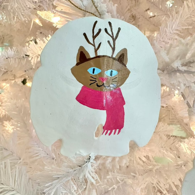 Brown Fur & Pink Scarf Sand Dollar Kitty Cat Christmas Ornament - Sunshine & Sweet Pea's Coastal Decor