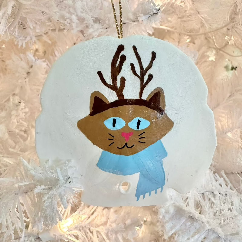 Brown Fur & Blue Scarf Sand Dollar Kitty Cat Christmas Ornament - Sunshine & Sweet Pea's Coastal Decor