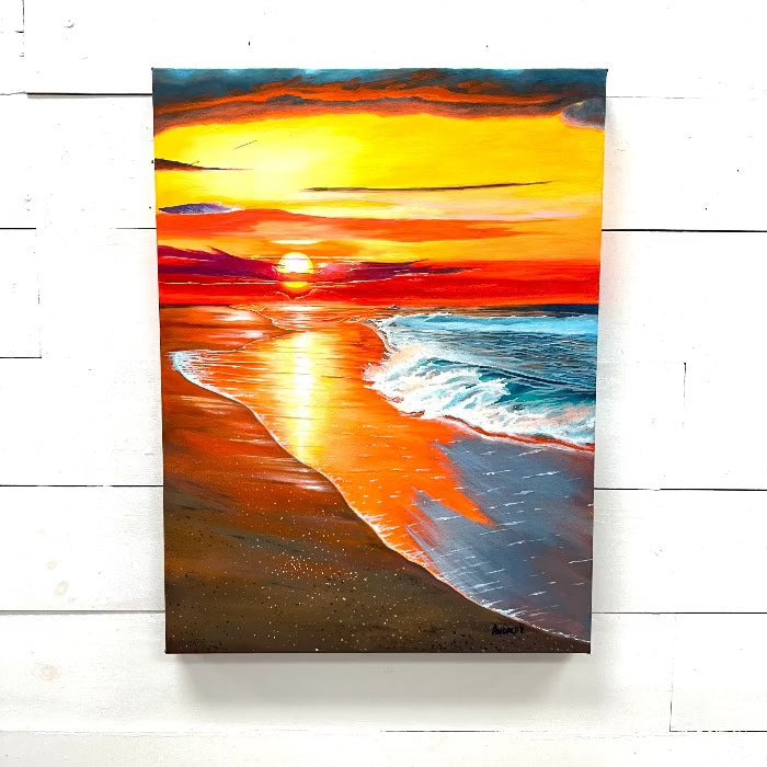 Beach Sunrise/Sunset Seascape Original Painting Sunshine & Sweet Peas Coastal Decor