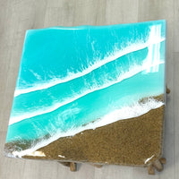 Teak Side Table w/Hand Poured Resin Beach Scene