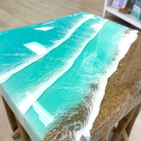 Teak Side Table w/Hand Poured Resin Beach Scene