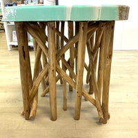 Teak Side Table w/Hand Poured Resin Beach Scene