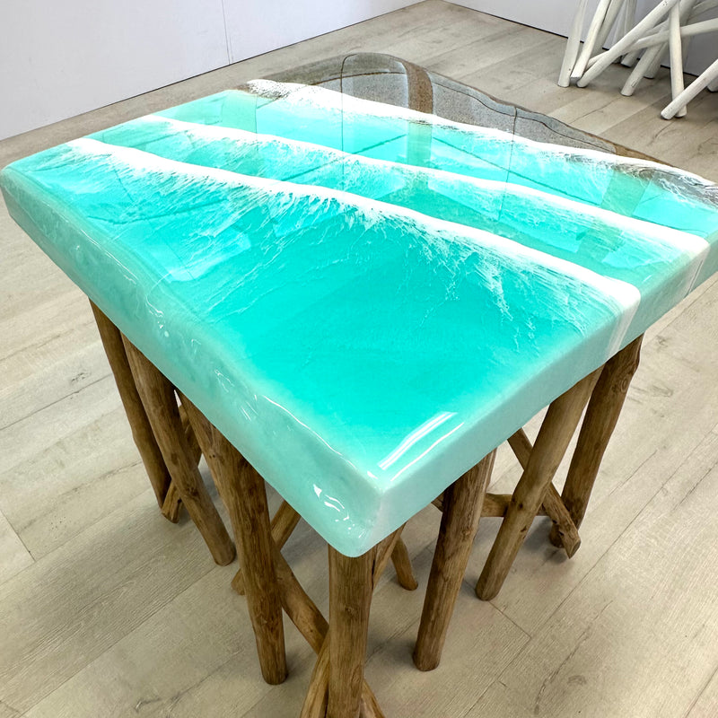 Teak Side Table w/Hand Poured Resin Beach Scene