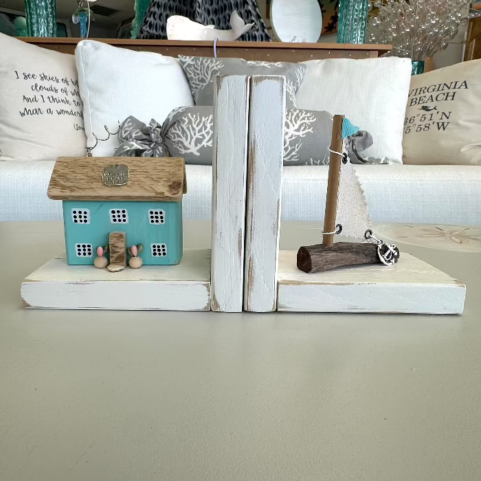 Rustic Bookends w/ Driftwood House and Sailboat Sunshine & Sweet Peas Coastal Decor