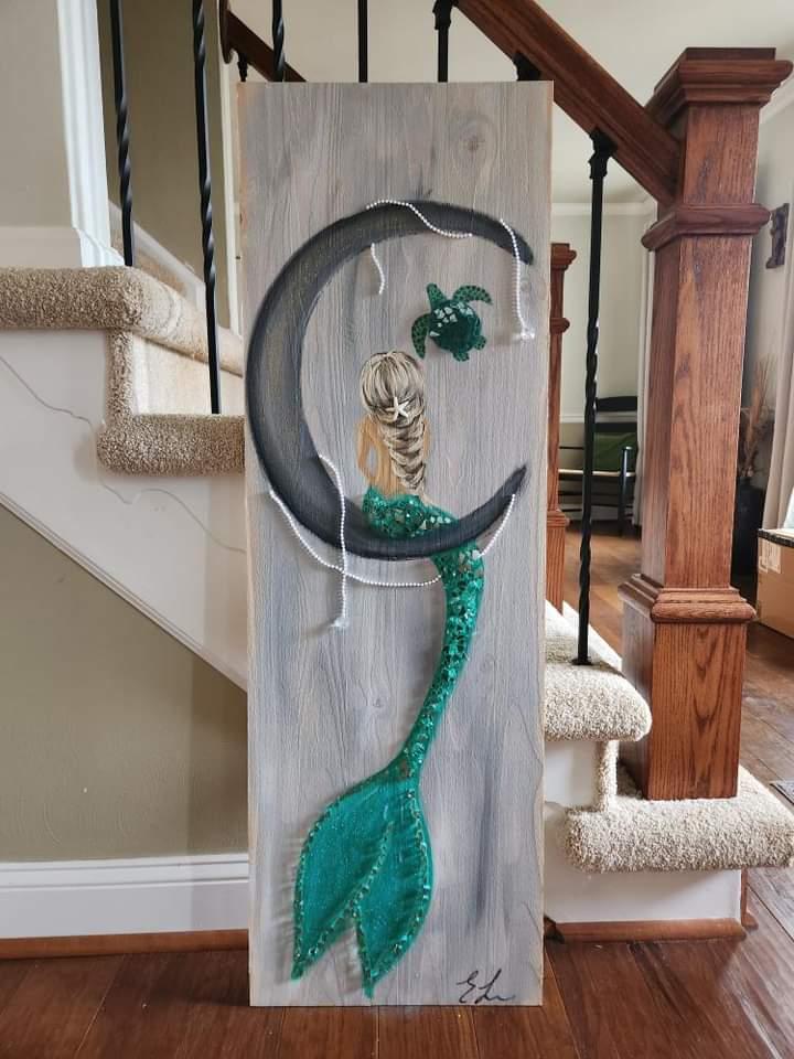 Custom Mermaid on Wood w/Matte Finish & Embellishments Commission