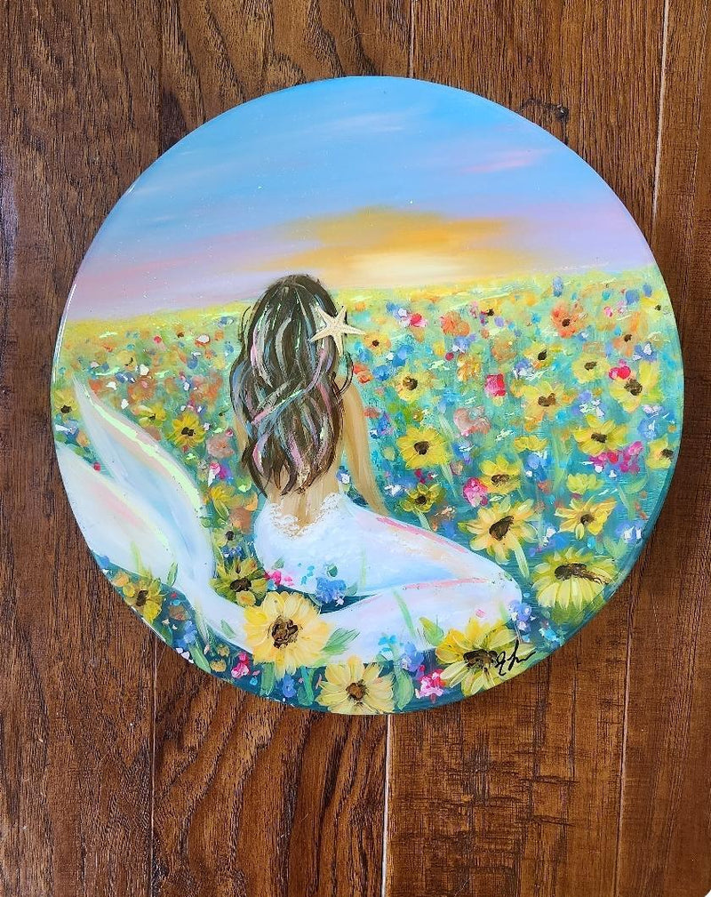 Flower Field Mermaid Wooden Round