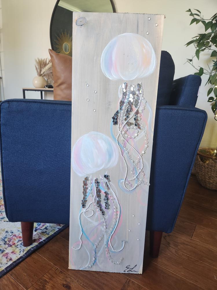 Jellyfish on Wood w/Glass Embellishments