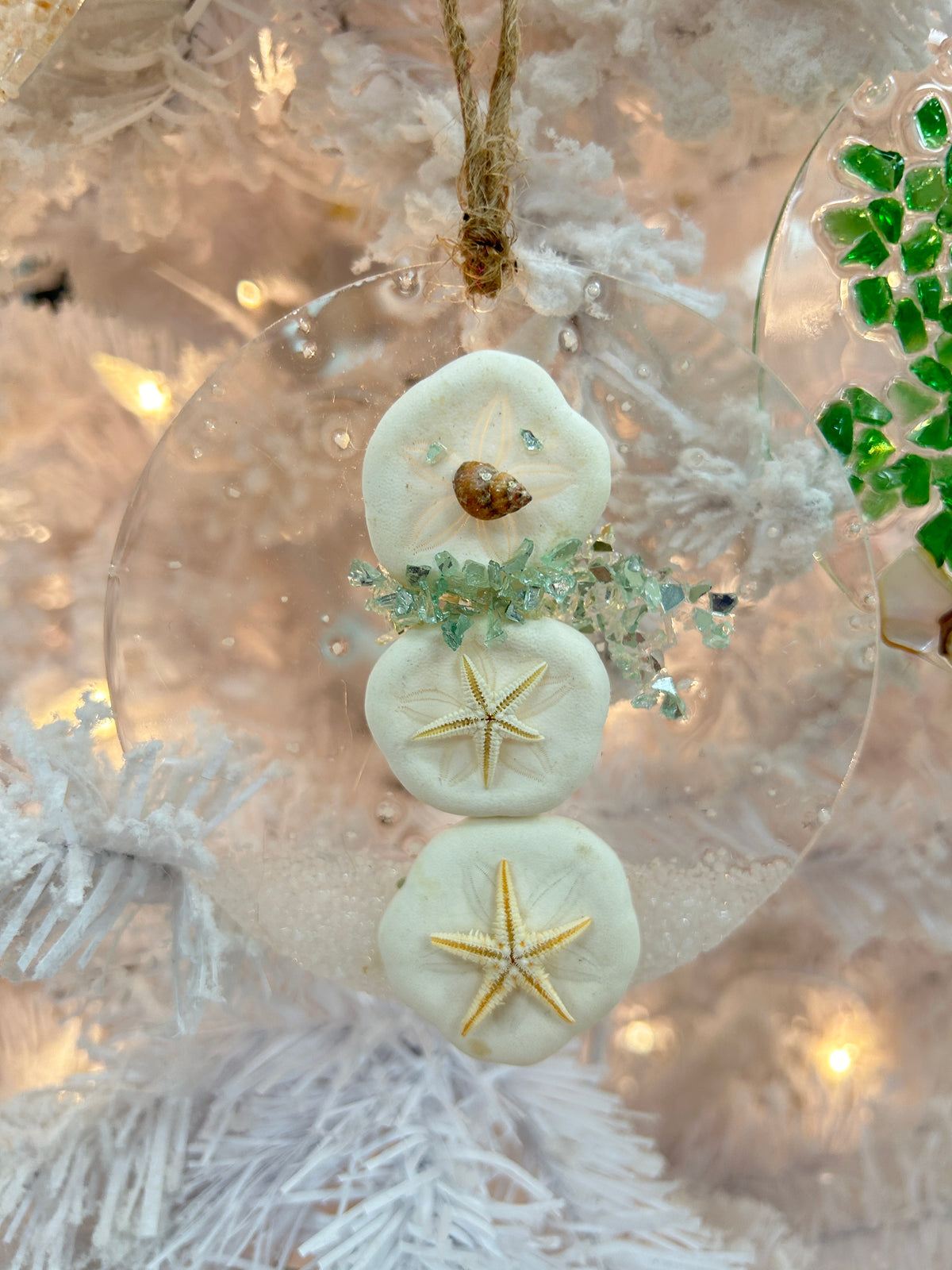 Assorted 4" Acrylic Coastal Sea Life Christmas Ornaments w/ Glass, Shells, Sand, & Resin