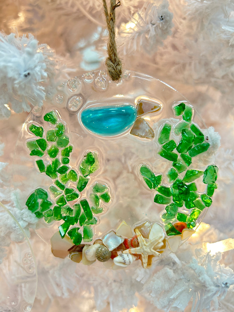 Assorted 4" Acrylic Coastal Sea Life Christmas Ornaments w/ Glass, Shells, Sand, & Resin