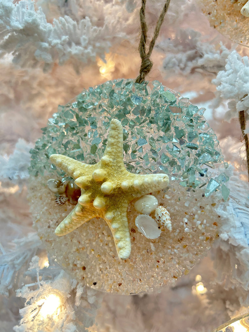 Assorted 4" Acrylic Coastal Sea Life Christmas Ornaments w/ Glass, Shells, Sand, & Resin