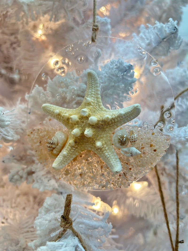 Assorted 4" Acrylic Coastal Sea Life Christmas Ornaments w/ Glass, Shells, Sand, & Resin