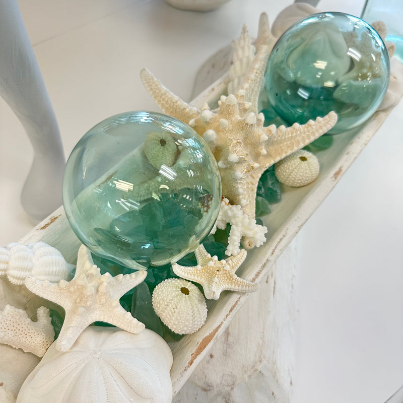 Large Hand Carved Baguette Wooden Bowl Centerpiece w/ Sea Biscuits, Shells, and Starfish Sunshine & Sweet Peas Coastal Decor