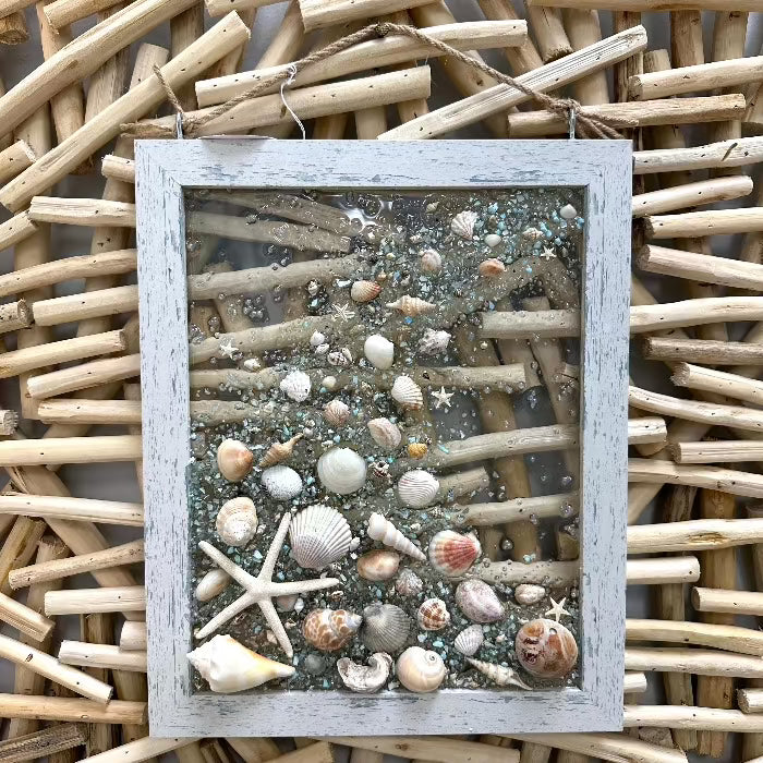 Coastal Glass Art w/ Shells, Glass, Resin, Sand- 11"x 14" Sunshine & Sweet Pea's Costal Decor