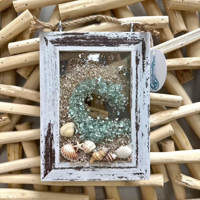 Coastal Glass Art w/ Shells, Glass, Resin, Sand- 4"x 6"  Sunshine & Sweet Pea's Costal Decor