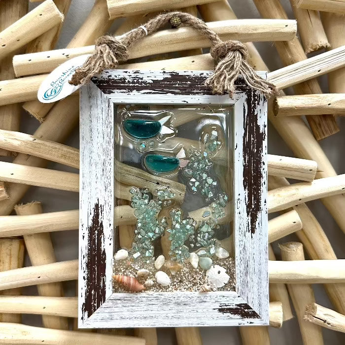 Coastal Glass Art w/ Shells, Glass, Resin, Sand- 4"x 6"  Sunshine & Sweet Pea's Costal Decor