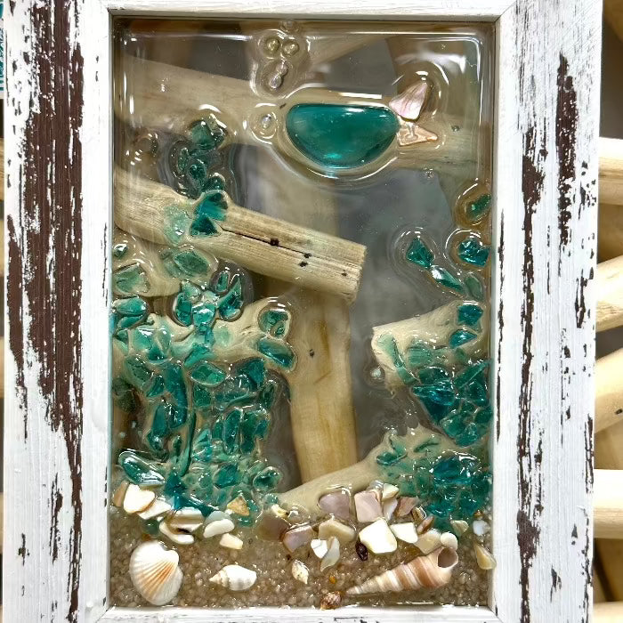 Coastal Glass Art w/ Shells, Glass, Resin, Sand- 4"x 6"  Sunshine & Sweet Pea's Costal Decor