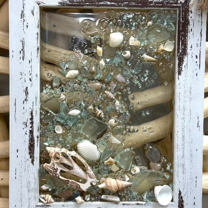 Coastal Glass Art w/ Shells, Glass, Resin, Sand- 5"x 7" Sunshine & Sweet Pea's Costal Decor