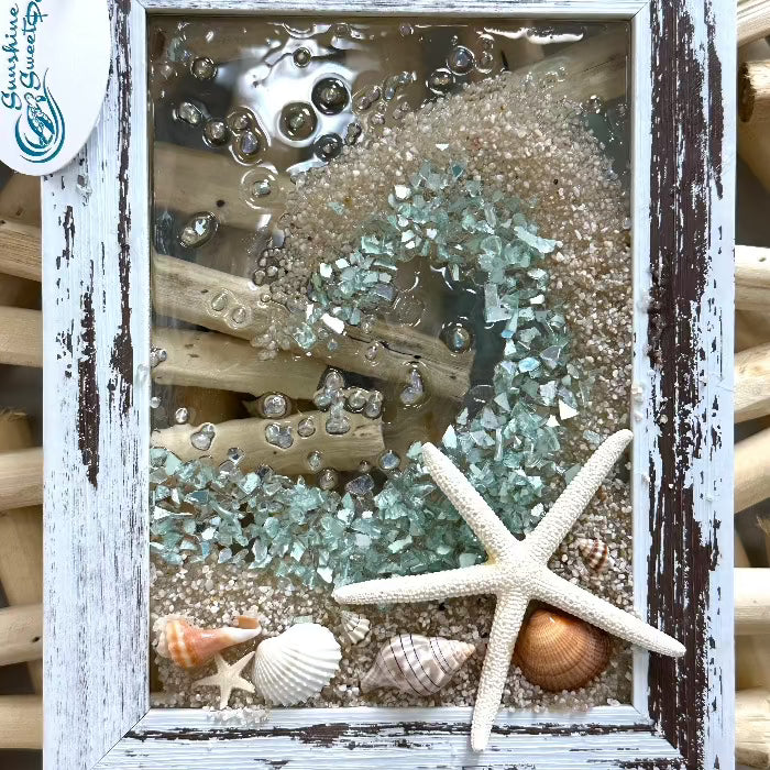 Coastal Glass Art w/ Shells, Glass, Resin, Sand- 5"x 7" Sunshine & Sweet Pea's Costal Decor