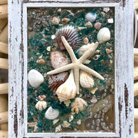 Coastal Glass Art w/ Shells, Glass, Resin, Sand- 5"x 7" Sunshine & Sweet Pea's Costal Decor