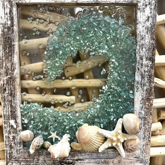 Coastal Glass Art w/ Shells, Glass, Resin, Sand- 8"x10" Sunshine & Sweet Pea's Costal Decor