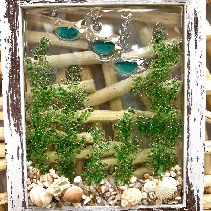 Coastal Glass Art w/ Shells, Glass, Resin, Sand- 8"x10" Sunshine & Sweet Pea's Costal Decor