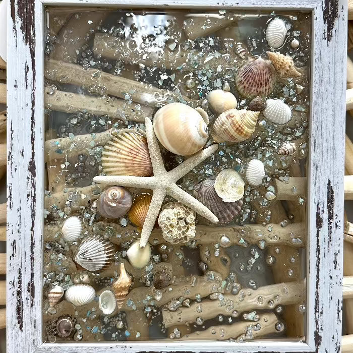 Coastal Glass Art w/ Shells, Glass, Resin, Sand- 8"x10" Sunshine & Sweet Pea's Costal Decor