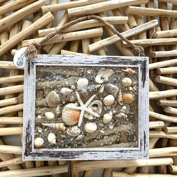 Coastal Glass Art w/ Shells, Glass, Resin, Sand- 8"x10" Sunshine & Sweet Pea's Costal Decor