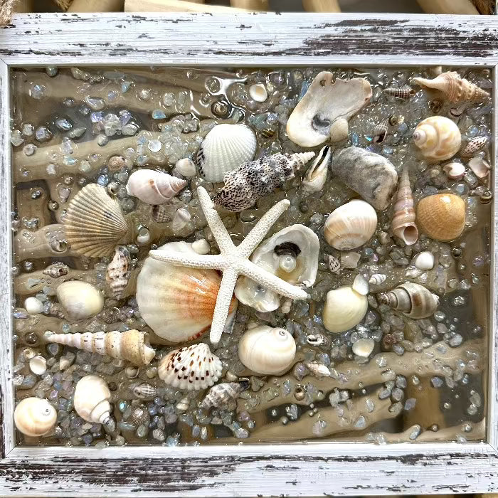 Coastal Glass Art w/ Shells, Glass, Resin, Sand- 8"x10" Sunshine & Sweet Pea's Costal Decor