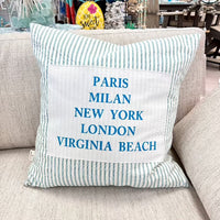 Turquoise Ticking Stripe Cities Pillow - Sunshine & Sweet Pea's Coastal Decor