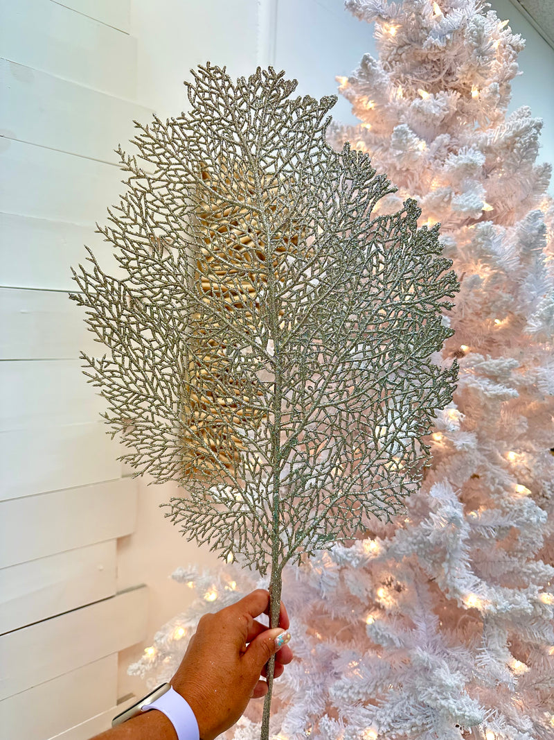 Gold Glitter Lace Fan Coral Sprig Decoration