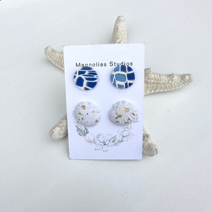 Round Polymer Clay Earring Sets Mosaic & Seashells - Sunshine & Sweet Pea's Coastal Decor