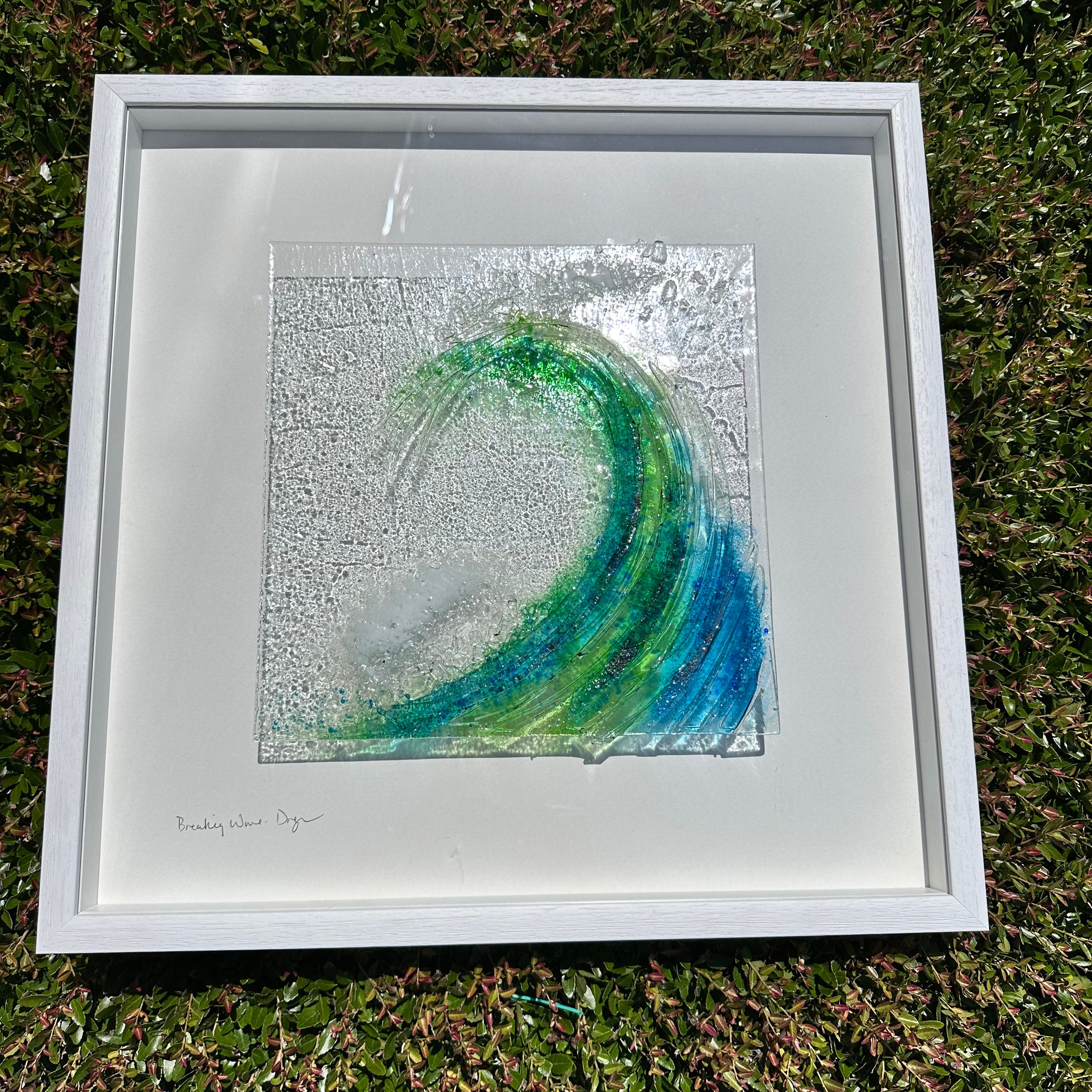 Large Framed Fused Glass Breaking Wave Wall Art