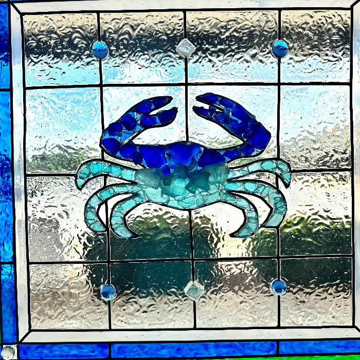 Crab Painted Window w/Sea Glass