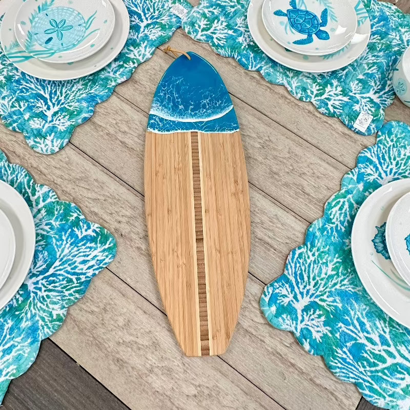 Surfboard Charcuterie Board with Teal Resin - Sunshine & Sweet Pea's Coastal Decor