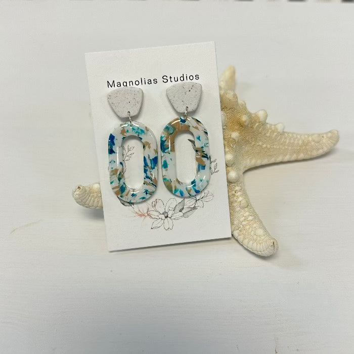 Blue, White and Tan Marbled Dangle Polymer Clay Earrings - Sunshine & Sweet Pea's Coastal Decor