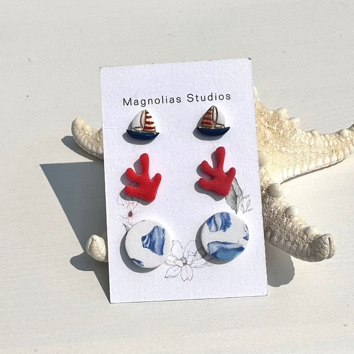 Round Polymer Clay Earring Sets Sailboats, Coral, & Blue Shells - Sunshine & Sweet Pea's Coastal Decor