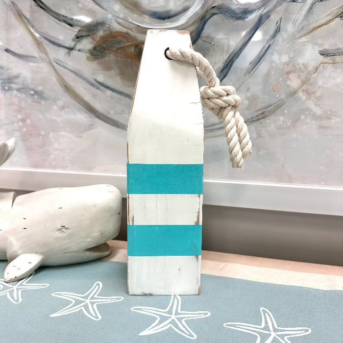 White & Teal Striped Wooden Buoy - Sunshine & Sweet Pea's Coastal Decor