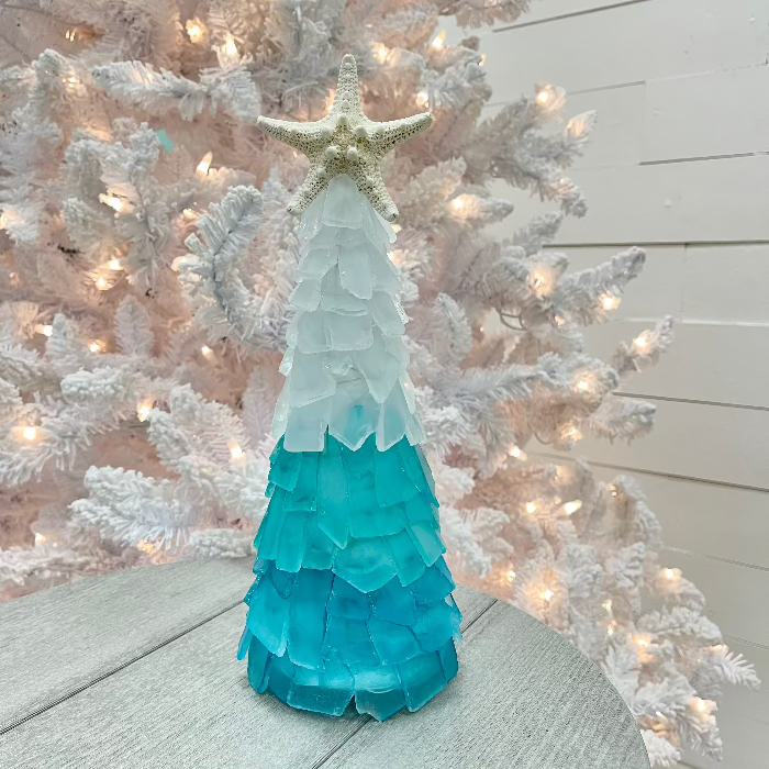 Assorted Large Sea Glass Tree w/Lights & Starfish Topper Sunshine & Sweet Peas Coastal Decor