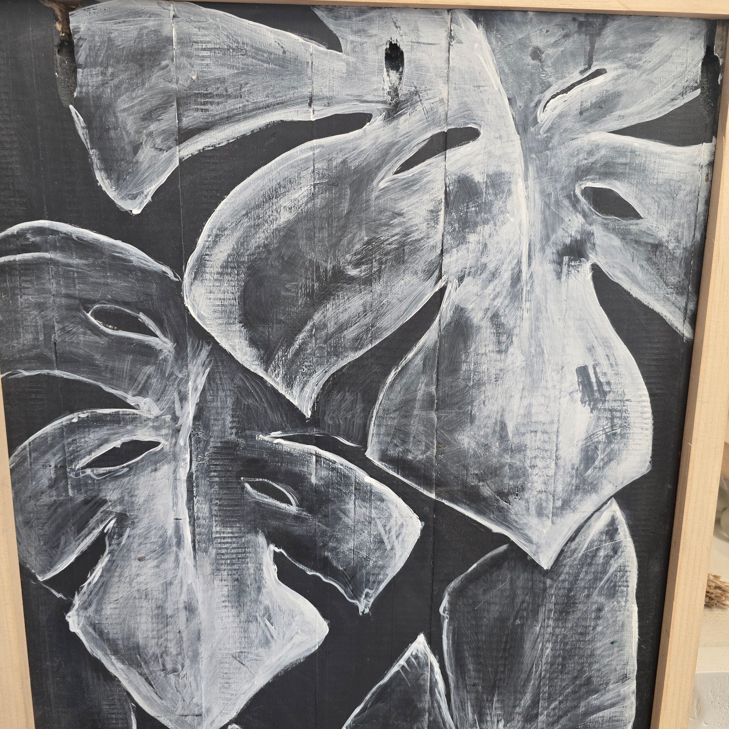 Palm Fronds painted on framed wood plank