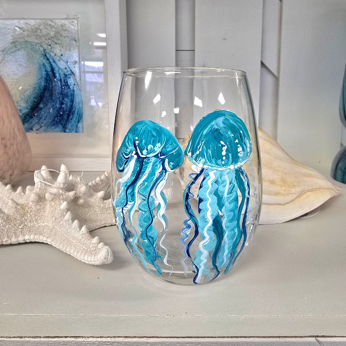 Assorted Ocean Inspired Hand Painted Stemless Wine Glasses Sunshine & Sweet Peas Costal Decor