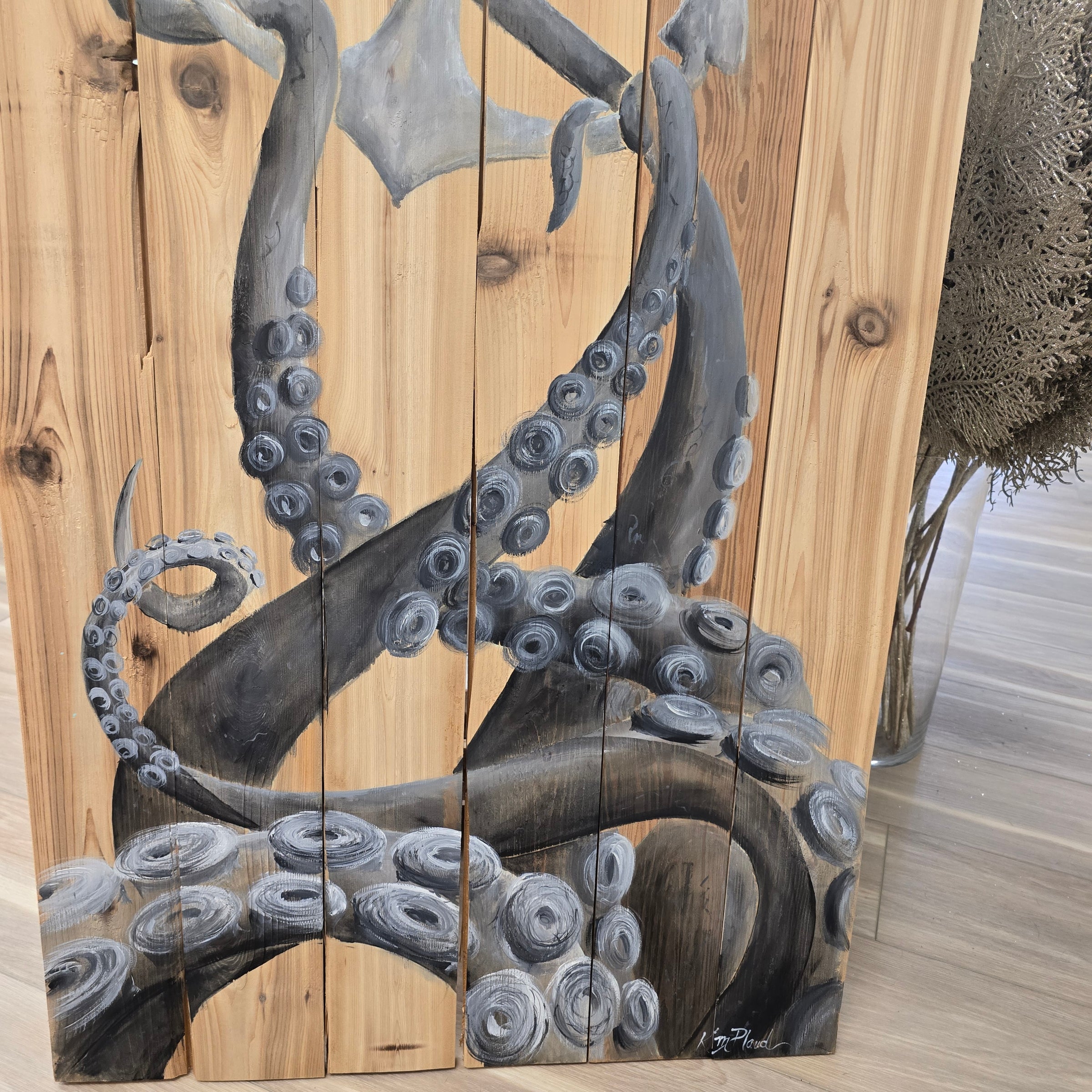 Octopus Tentacles and Anchor Painted on Wood Plank