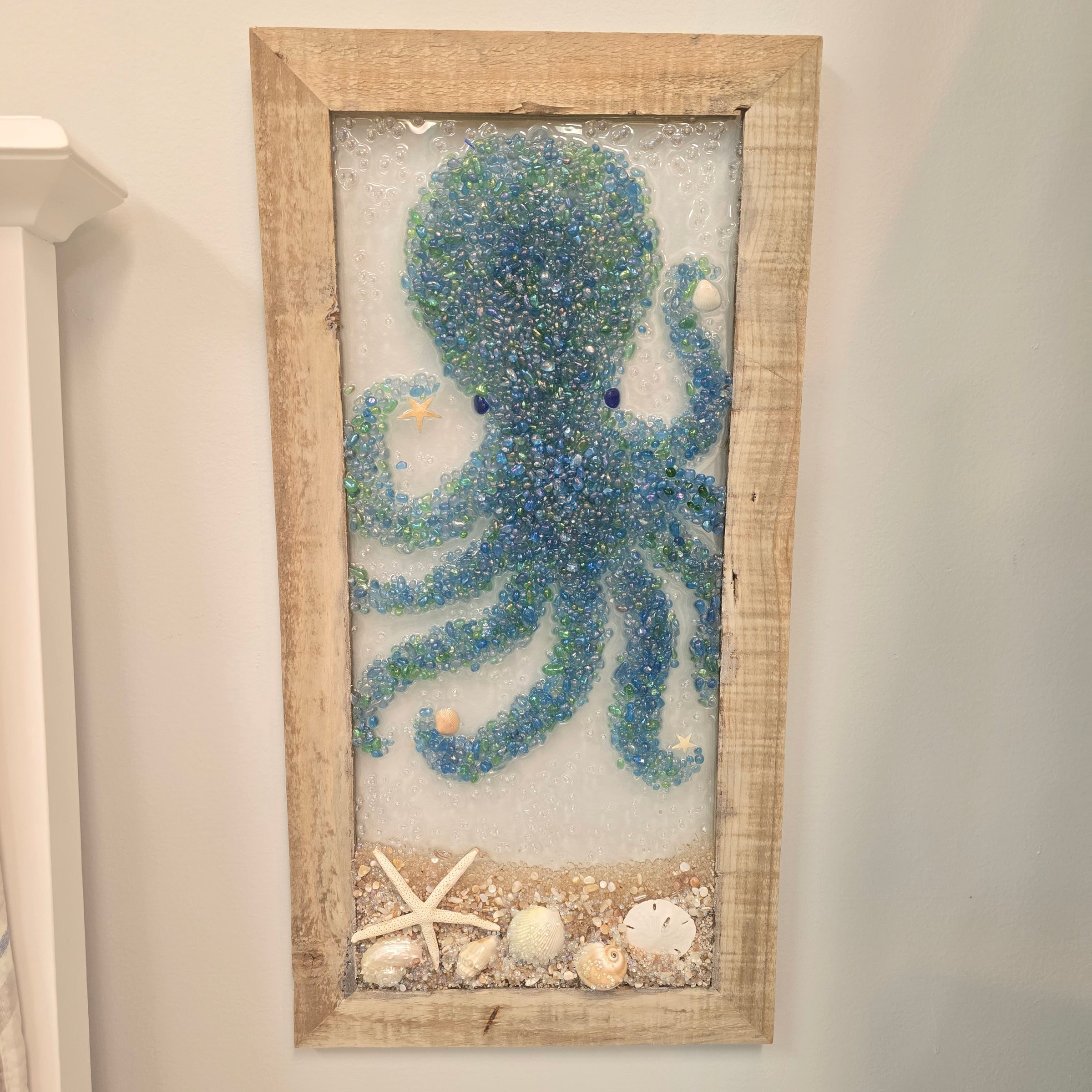 Assorted Coastal Glass Art w/ Shells, Glass, Resin, Sand 12" x 23.5"