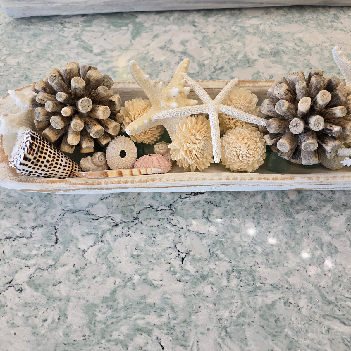 Large Hand Carved Dough bowl centerpiece with shells